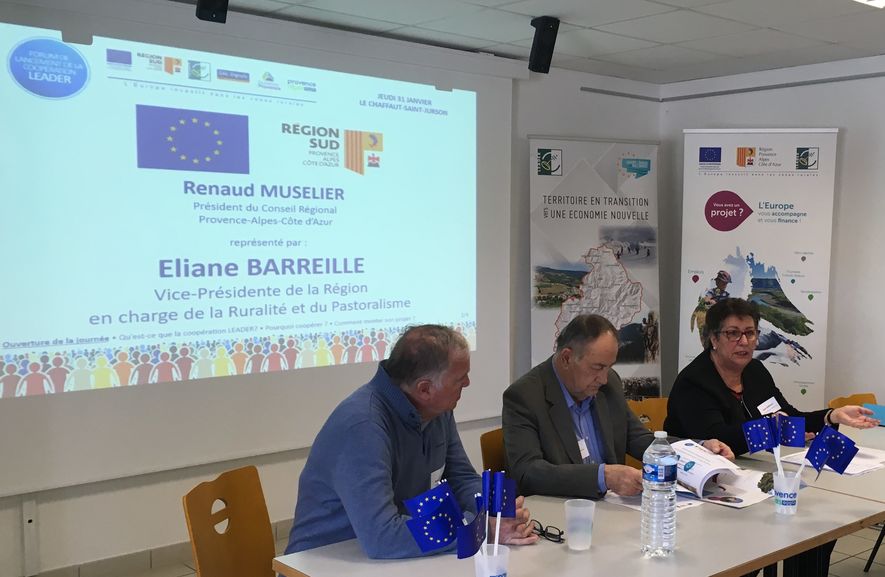 Eliane Barreille, accompagnée des 2 présidents des GAL Dignois et Durance Provence Eliane Barreille, accompagnée des 2 présidents des GAL Dignois et Durance Provence